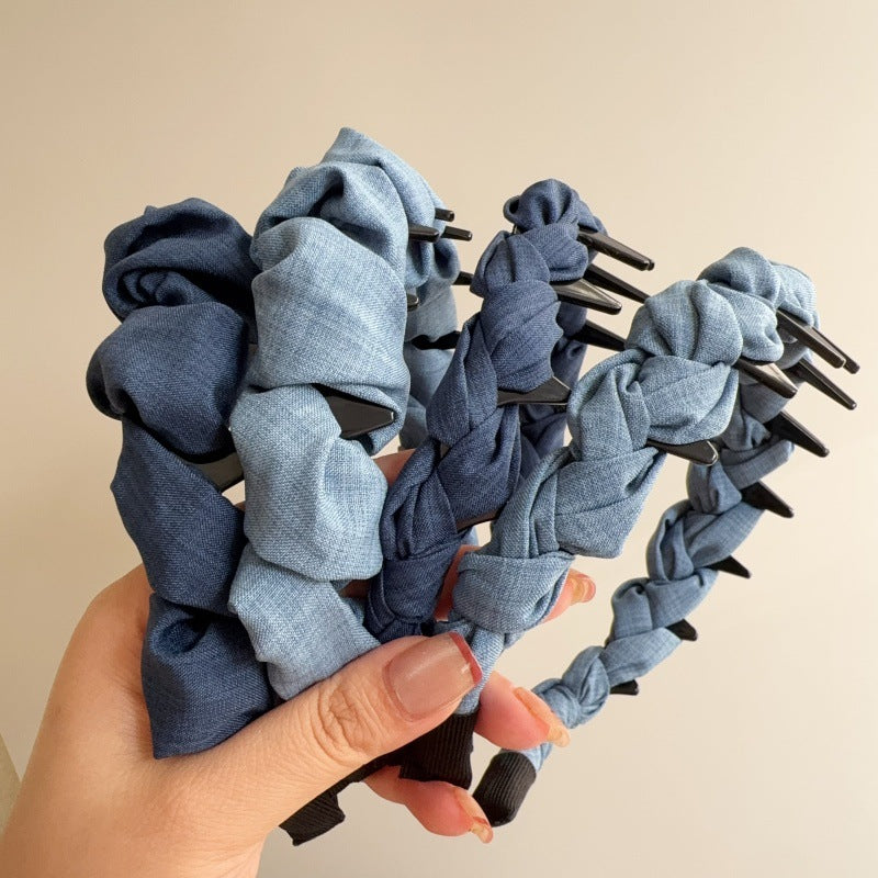 E廠-正反兩戴牛仔藍波浪帶齒高顱頂髮箍壓髮洗臉頭箍防滑碎髮整理神器「27107」25.06-4