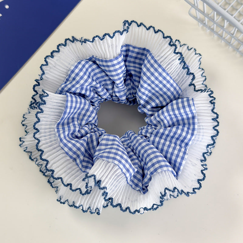 E廠-藍色系格子大腸髮圈雙層蕾絲花邊丸子頭馬尾髮繩甜美小清新髮飾「26437 26844」25.05-1