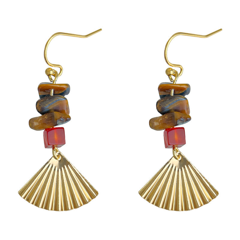 A廠-文藝復古天然石虎眼石手工藝設計感新款扇子耳飾工廠耳環女「6862」25.10-1