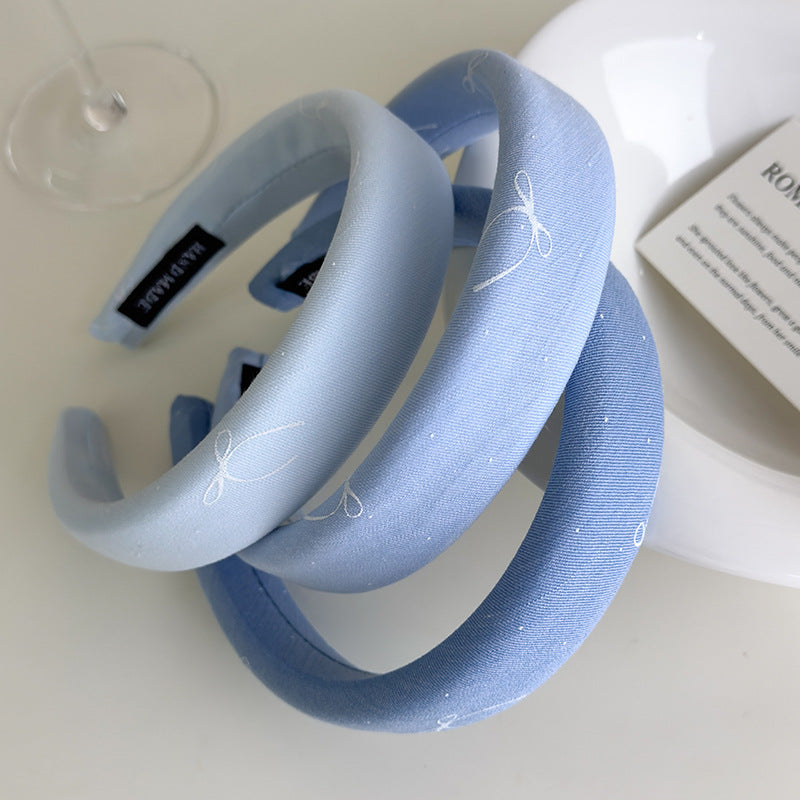 E廠-海鹽藍色系~法式蝴蝶結印花布藝寬邊髮箍清爽百搭高顱頂海綿頭箍「27043」25.06-1