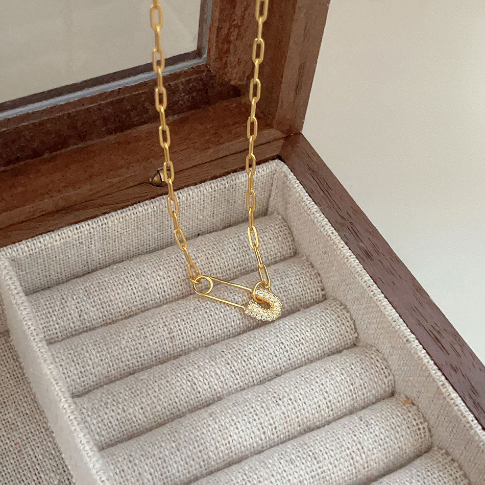 F廠-韓版飾品 925純銀金色別針鏈條項鍊 簡約風格女款小眾網紅項鍊「B847」25.07-4