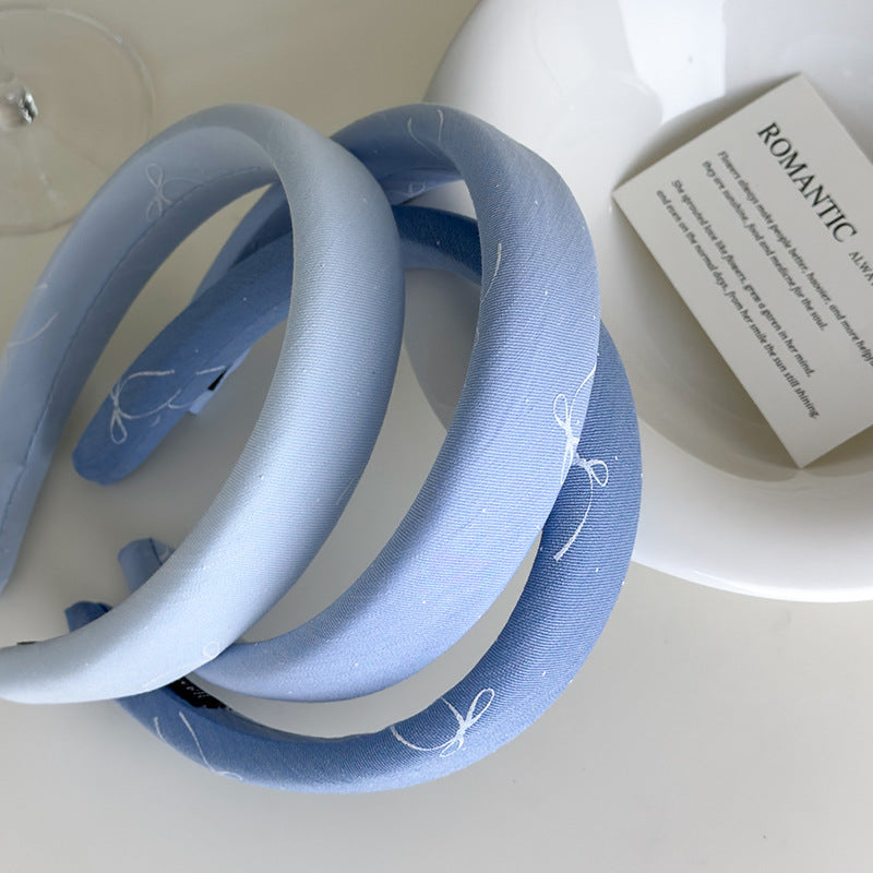 E廠-海鹽藍色系~法式蝴蝶結印花布藝寬邊髮箍清爽百搭高顱頂海綿頭箍「27043」25.06-1