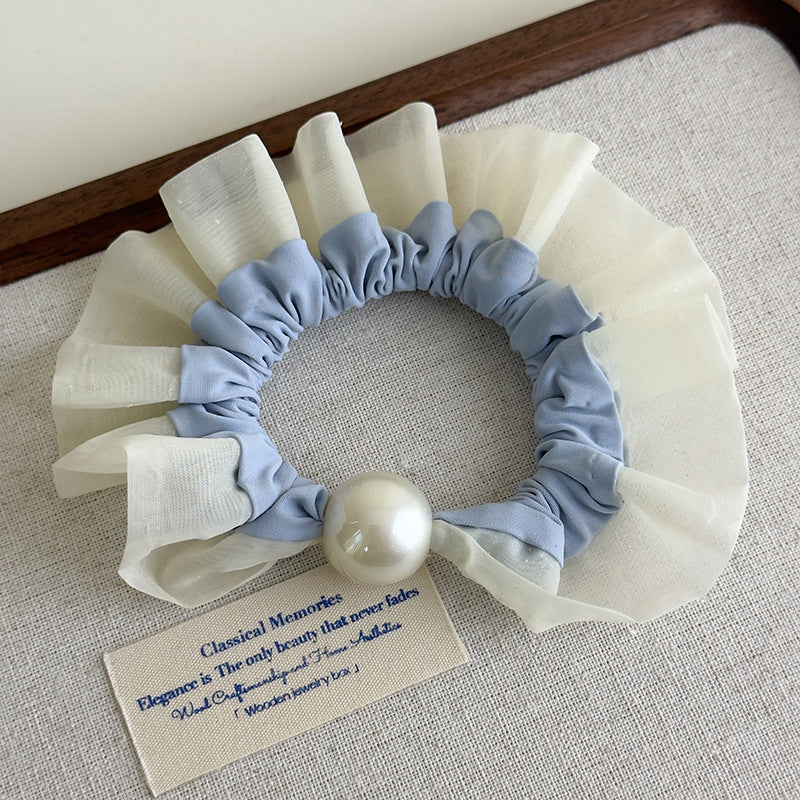 E廠-軟萌奶藍色蕾絲花邊珍珠髮圈甜美少女心大腸圈扎髮繩頭花皮筋頭飾「27115」25.06-4