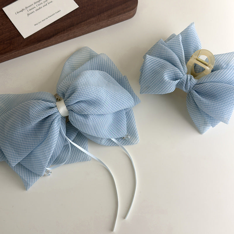 E廠-韓系夏季薄紗藍色細格紋水晶吊墜蝴蝶結抓夾馬尾夾少女百搭鯊魚夾「27108」25.06-4