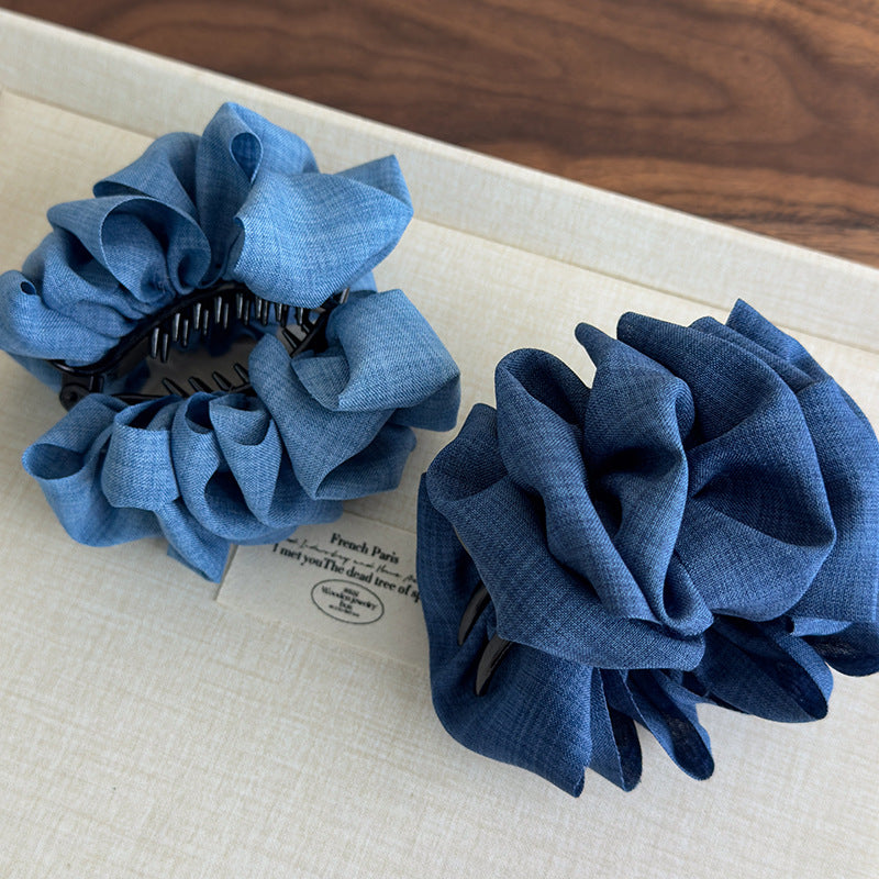 E廠-顯髮量神器!甜酷牛仔布藝褶皺泡泡蓬松丸子夾丸子頭神器馬尾夾女「27098」25.06-3