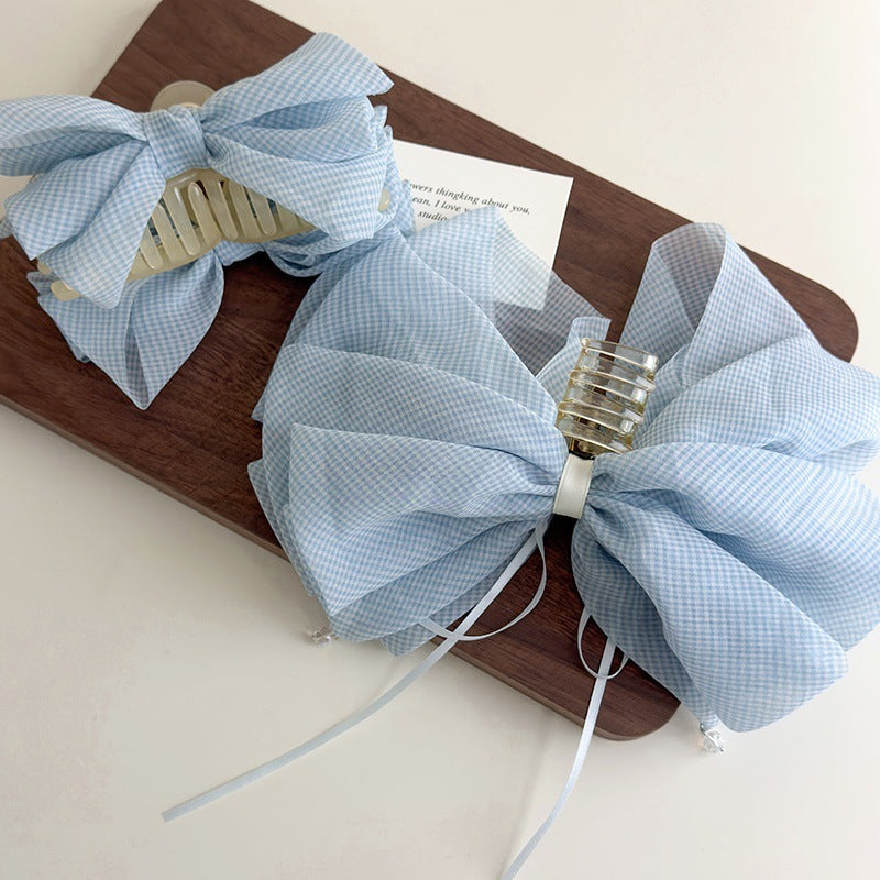 E廠-韓系夏季薄紗藍色細格紋水晶吊墜蝴蝶結抓夾馬尾夾少女百搭鯊魚夾「27108」25.06-4