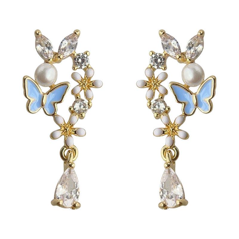 A廠-微鑲鋯石實物很美超仙蝴蝶夏日新款2024年森系花朵耳飾女耳環耳釘「4113」24.06-1