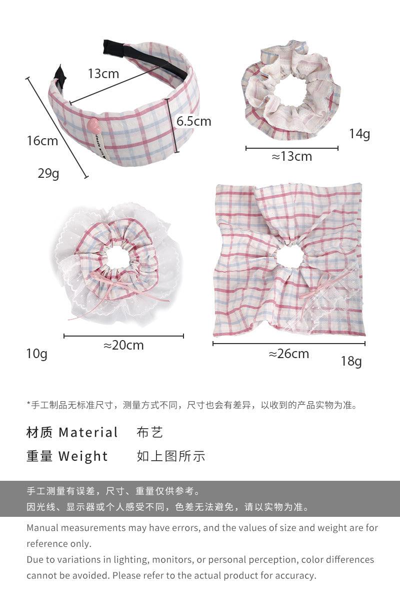 E廠-甜美少女格紋蕾絲花邊大腸髮圈愛心蝴蝶結條紋髮圈方巾髮繩髮飾女「26658」25.03-3