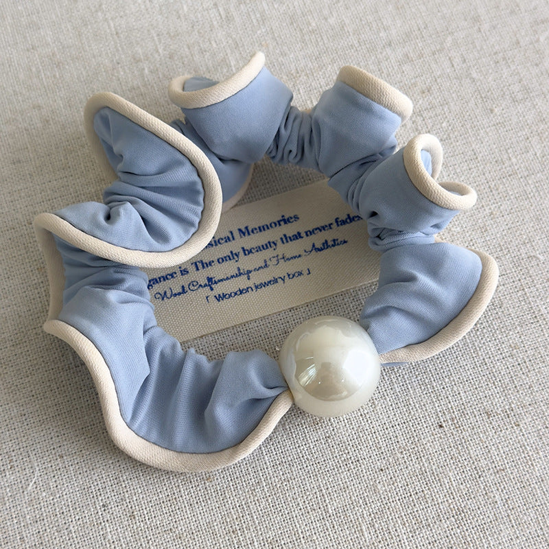 E廠-軟萌奶藍色蕾絲花邊珍珠髮圈甜美少女心大腸圈扎髮繩頭花皮筋頭飾「27115」25.06-4