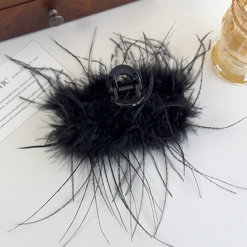 E廠-黑色羽毛高馬尾小抓夾女2025新款高級感毛毛鯊魚夾後腦勺半扎髮夾「26964」25.05-4