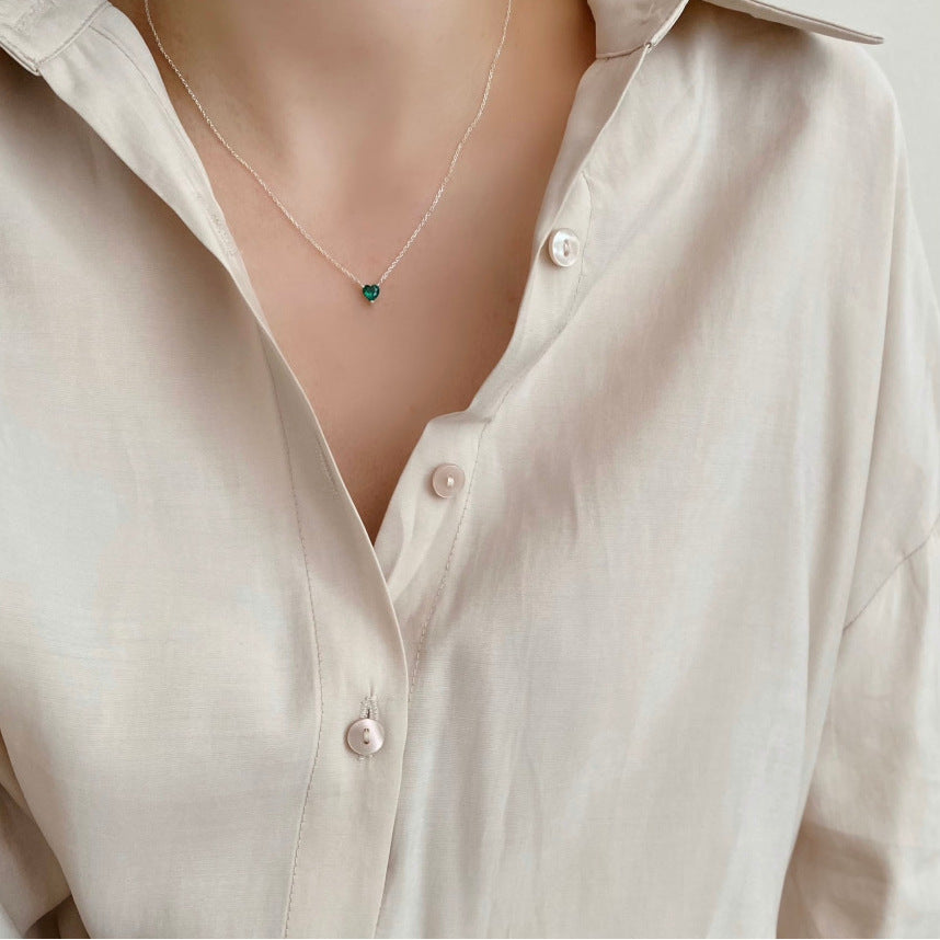 F廠-韓國韓版925純銀綠鑽愛心項鍊 銀飾品鋯石簡約項鍊「B1051」25.05-4