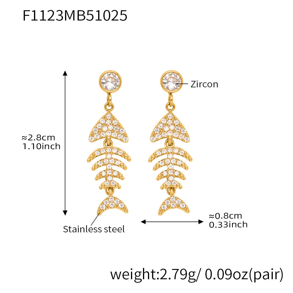 B廠-跨境新款魚骨造型滿鑽鋯石超閃耳環不鏽鋼鍍18k真金不掉色「F1123-F983」25.10-5