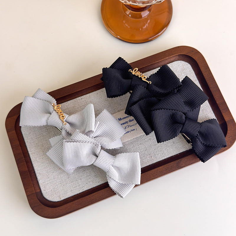 E廠-韓版蝴蝶結彈簧夾氣質通勤百搭竪紋手工紐結邊夾馬尾夾髮夾髮飾「27345」25.08-3