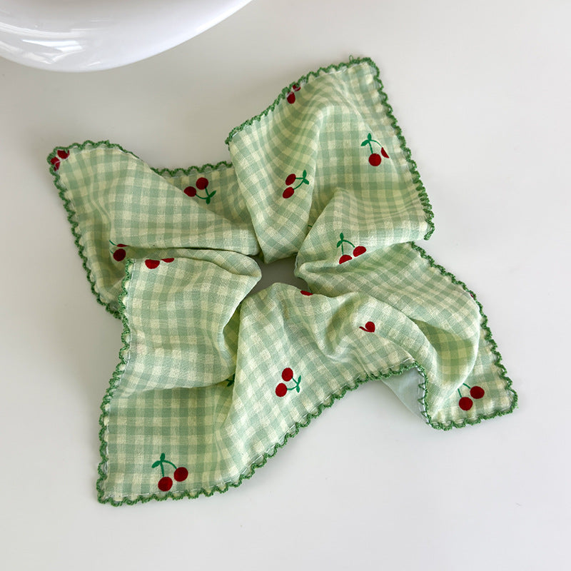 E廠-甜美韓國格子櫻桃方巾大腸髮圈女方形紮頭髮低馬尾髮繩頭繩髮飾品「27018」25.05-5