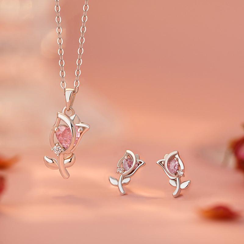 D廠-原創S999足銀心綻鬱金香套裝甜美風獨特溫柔氣質鎖骨鏈批發「YC7035E_1 YC1957N_1」25.04-2