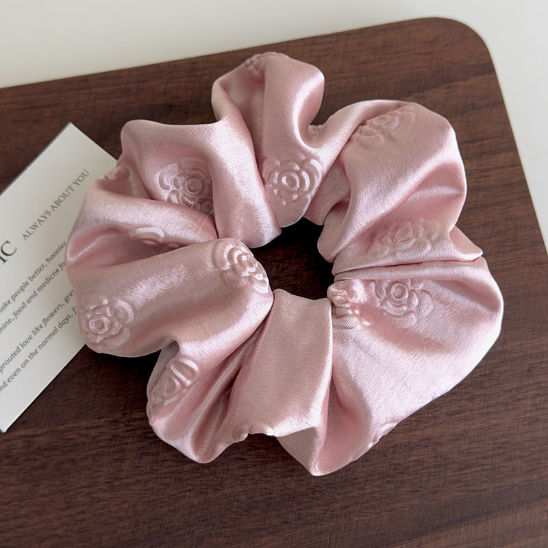 E廠-高級感純色輕奢立體壓花緞面大腸髮圈女慵懶風簡約百搭扎頭髮皮筋「27104」25.06-4