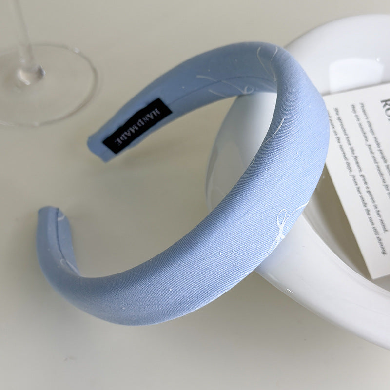 E廠-海鹽藍色系~法式蝴蝶結印花布藝寬邊髮箍清爽百搭高顱頂海綿頭箍「27043」25.06-1