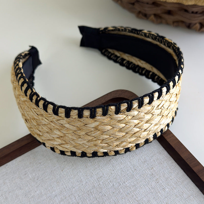 E廠-度假風草編寬邊髮箍女款波西米壓頭箍日常外戴髮捆高顱頂洗臉髮卡「25684」25.06-4