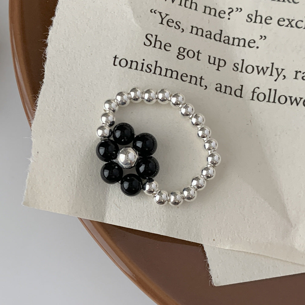 C廠-韓式個性甜美小清新S925純銀圓珠黑瑪瑙花朵彈力繩手鍊戒指通體銀「JA64-SD43」25.04-3