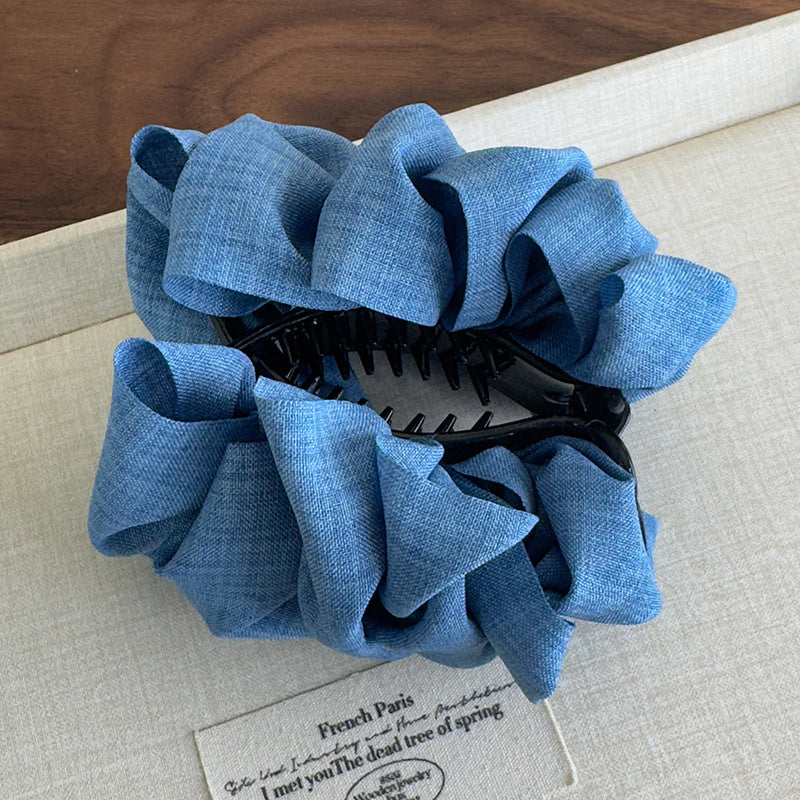 E廠-顯髮量神器!甜酷牛仔布藝褶皺泡泡蓬松丸子夾丸子頭神器馬尾夾女「27098」25.06-3