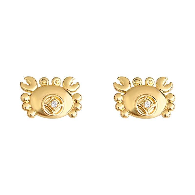 A廠-元寶蟹~原始設計微鑲鋯石925銀針鍍14K簡約時尚通勤新耳飾 耳釘「6903」25.10-3