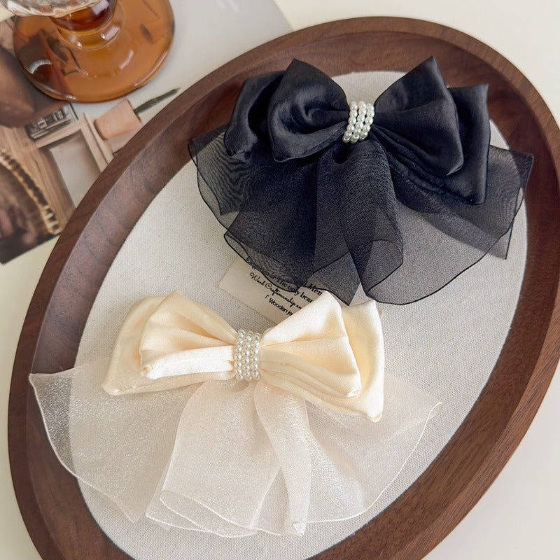 E廠-緞面歐根紗蝴蝶結頂夾後腦勺彈簧夾仙氣飄飄氣質髮夾珍珠夾子頭飾「27155」25.07-1