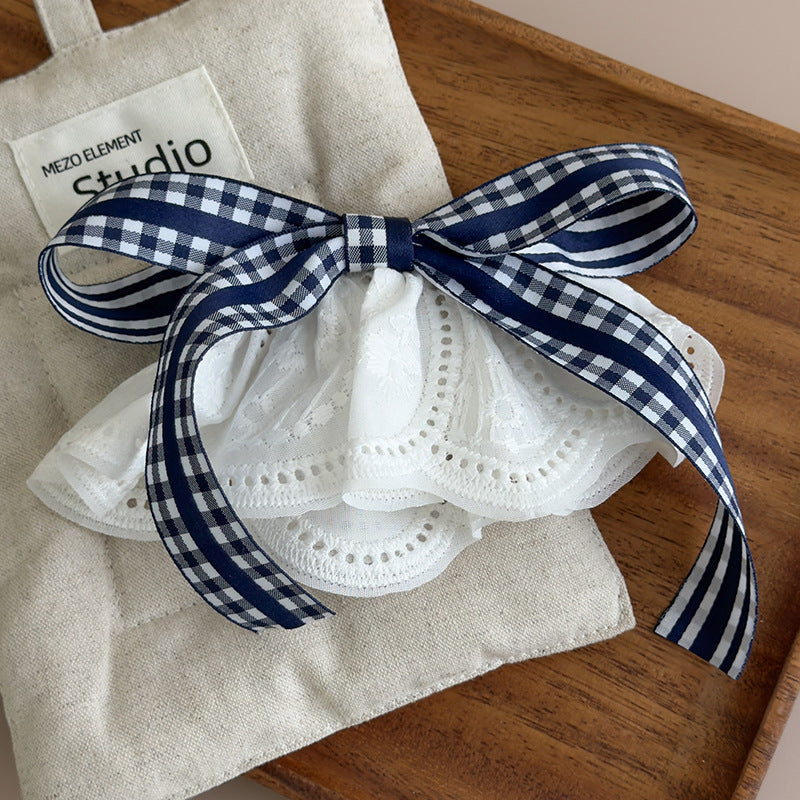 E廠-韓國氣質白色裙邊藏青色格子蝴蝶結髮夾飄帶頂夾女2025新款彈簧夾「27089」25.06-3