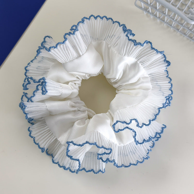 E廠-藍色系格子大腸髮圈雙層蕾絲花邊丸子頭馬尾髮繩甜美小清新髮飾「26437 26844」25.05-1