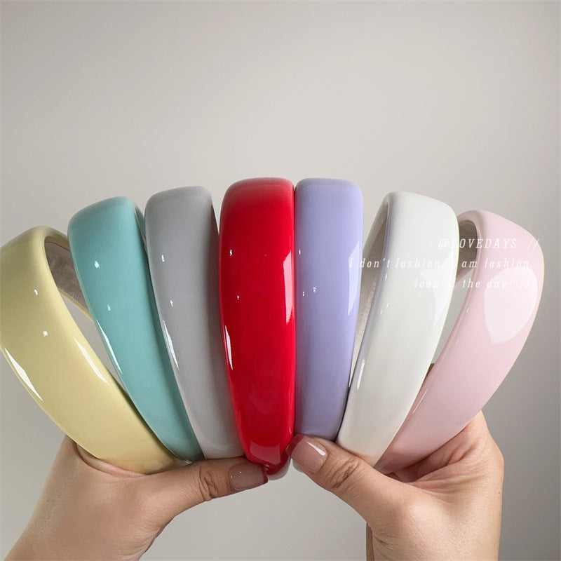 E廠-夏季多巴胺糖果色漆皮亮面皮海綿髮箍PU皮高顱頂純色頭箍髮卡髮飾「27077」25.06-3