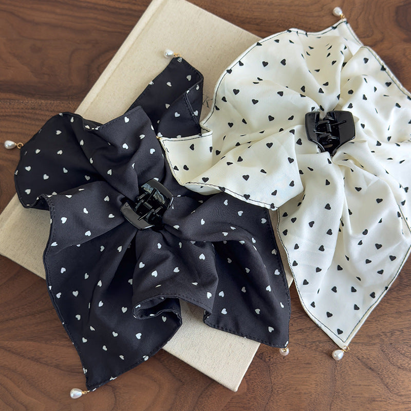 E廠-愛心波點吊珠抓夾女大號方巾馬尾夾優雅氣質後腦勺髮夾子半扎髮飾「27100」25.06-3