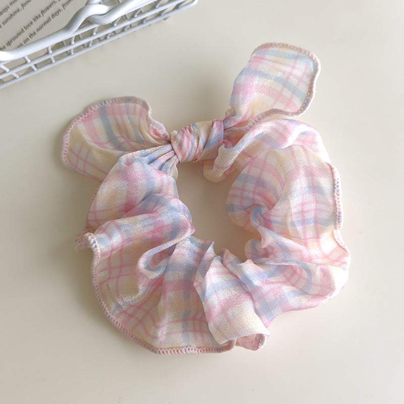 E廠-可愛奶油系淺色格子蝴蝶結大腸髮圈甜美珍珠蝴蝶結髮夾髮飾髮繩女「27114」25.06-4