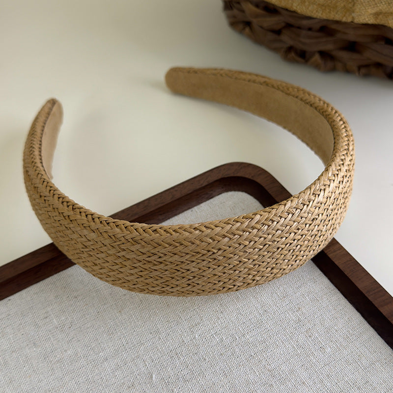 E廠-度假風草編寬邊髮箍女款波西米壓頭箍日常外戴髮捆高顱頂洗臉髮卡「25684」25.06-4