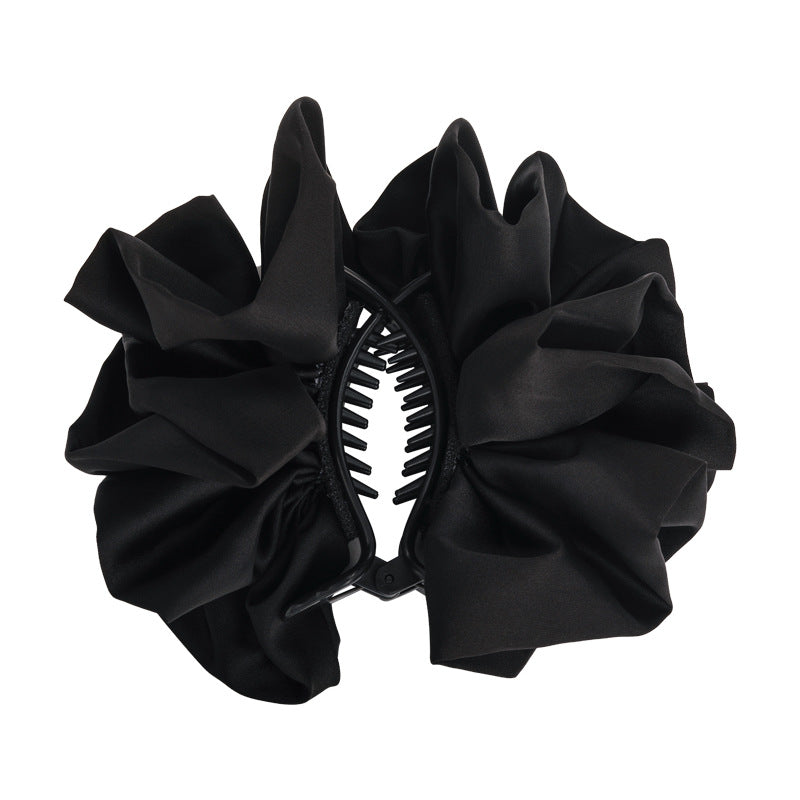 E廠-韓系慵懶復古褶皺花朵花苞形香蕉夾蓬松竪夾奶油雲朵緞面馬尾夾女「27070」25.06-2