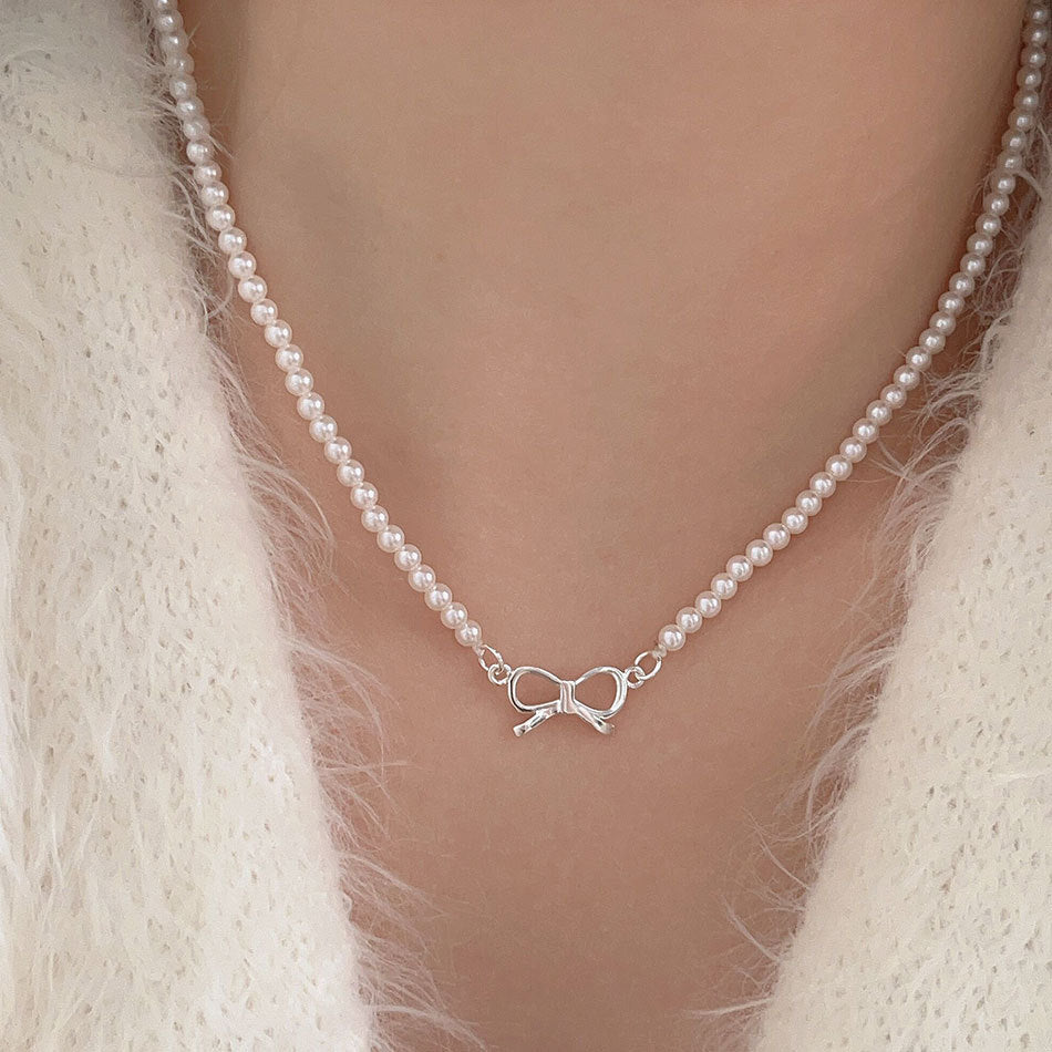 F廠-韓國韓版925純銀蝴蝶結人造水晶珍珠項鍊簡約ins小紅書項鍊「B1219」25.08-4