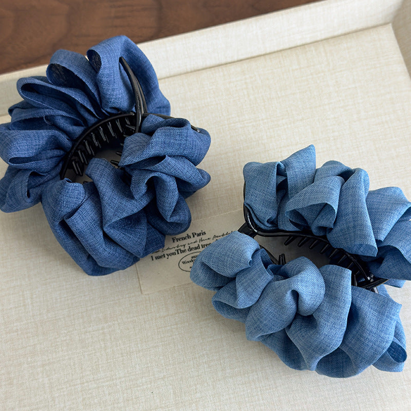 E廠-顯髮量神器!甜酷牛仔布藝褶皺泡泡蓬松丸子夾丸子頭神器馬尾夾女「27098」25.06-3