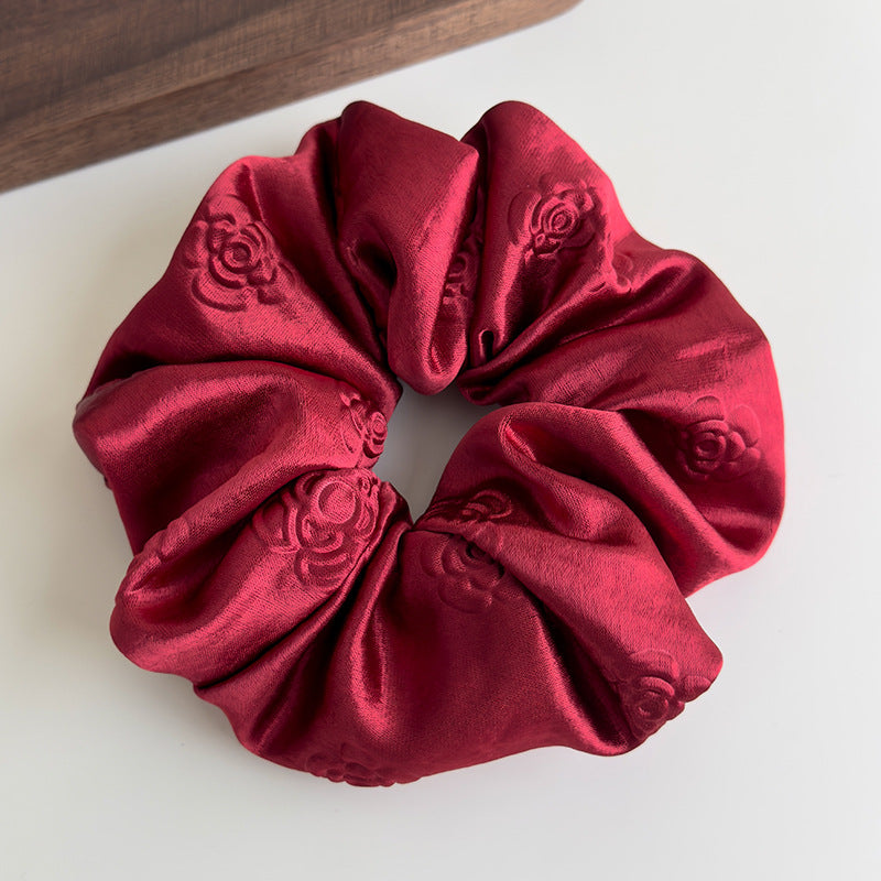 E廠-高級感純色輕奢立體壓花緞面大腸髮圈女慵懶風簡約百搭扎頭髮皮筋「27104」25.06-4