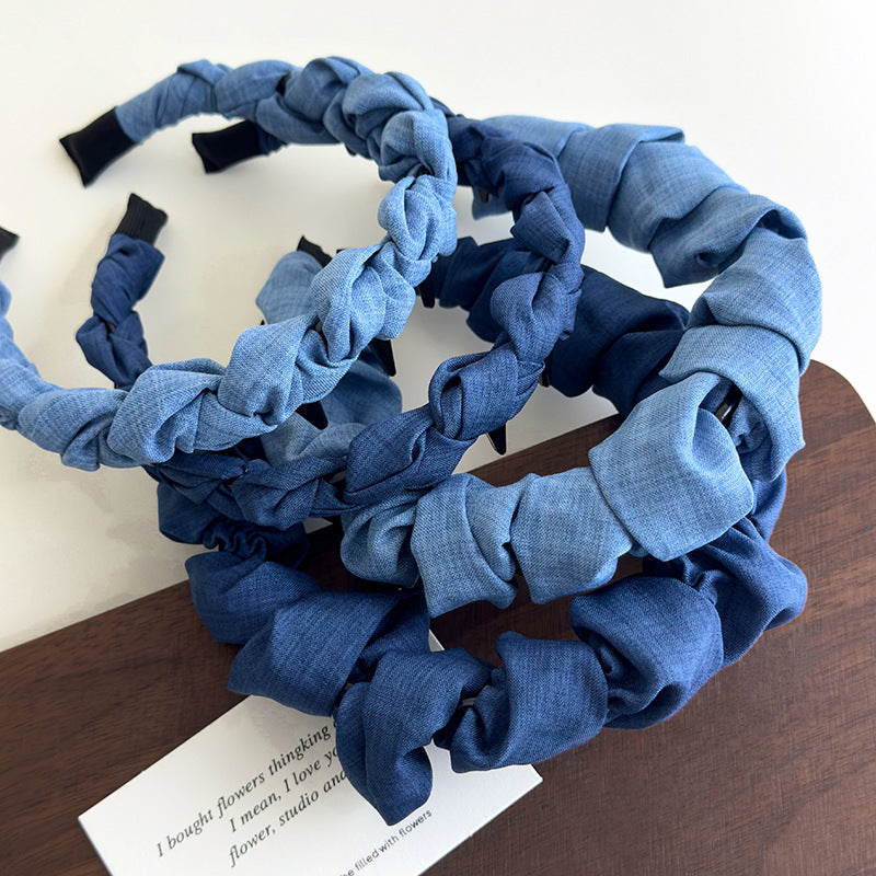 E廠-正反兩戴牛仔藍波浪帶齒高顱頂髮箍壓髮洗臉頭箍防滑碎髮整理神器「27107」25.06-4