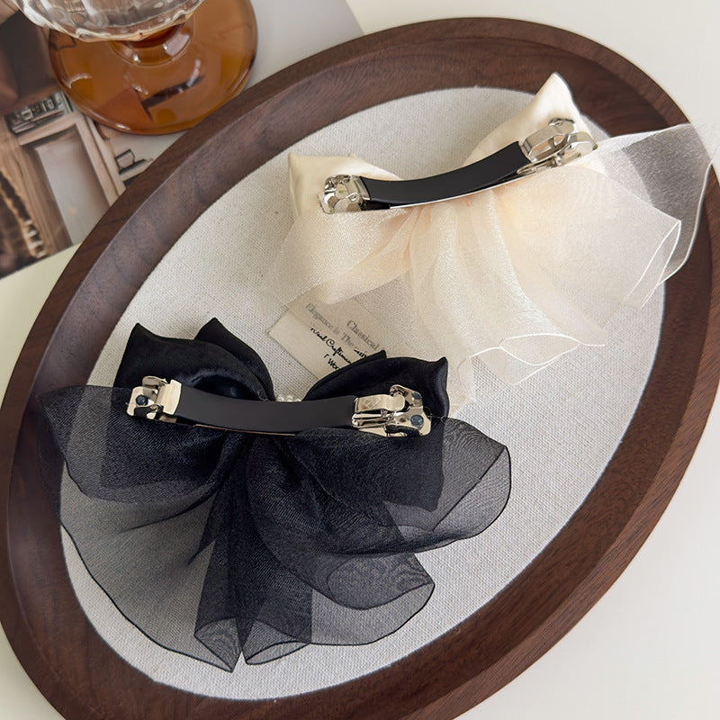 E廠-緞面歐根紗蝴蝶結頂夾後腦勺彈簧夾仙氣飄飄氣質髮夾珍珠夾子頭飾「27155」25.07-1