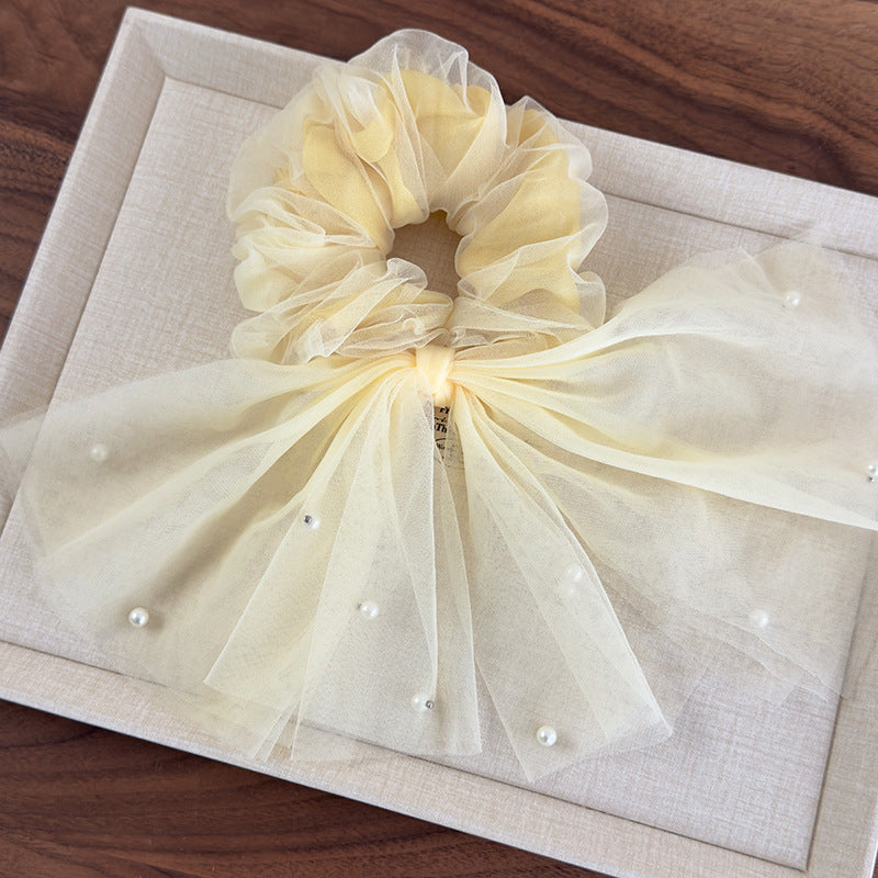 E廠-仙飄逸春夏新款韓國網紗釘珍珠魚尾飄帶大腸圈髮圈甜美馬尾頭繩「26885」25.05-1