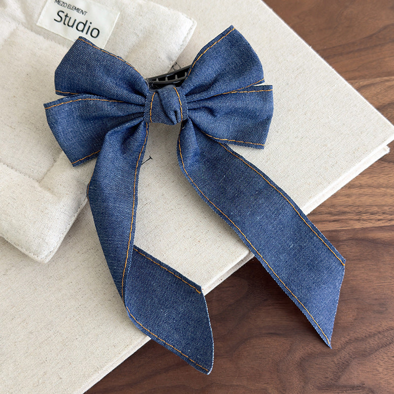 E廠-韓系時髦牛仔飄帶蝴蝶結髮夾簡約高級感後腦勺大號鴨嘴夾甜美髮飾「27096」25.06-3