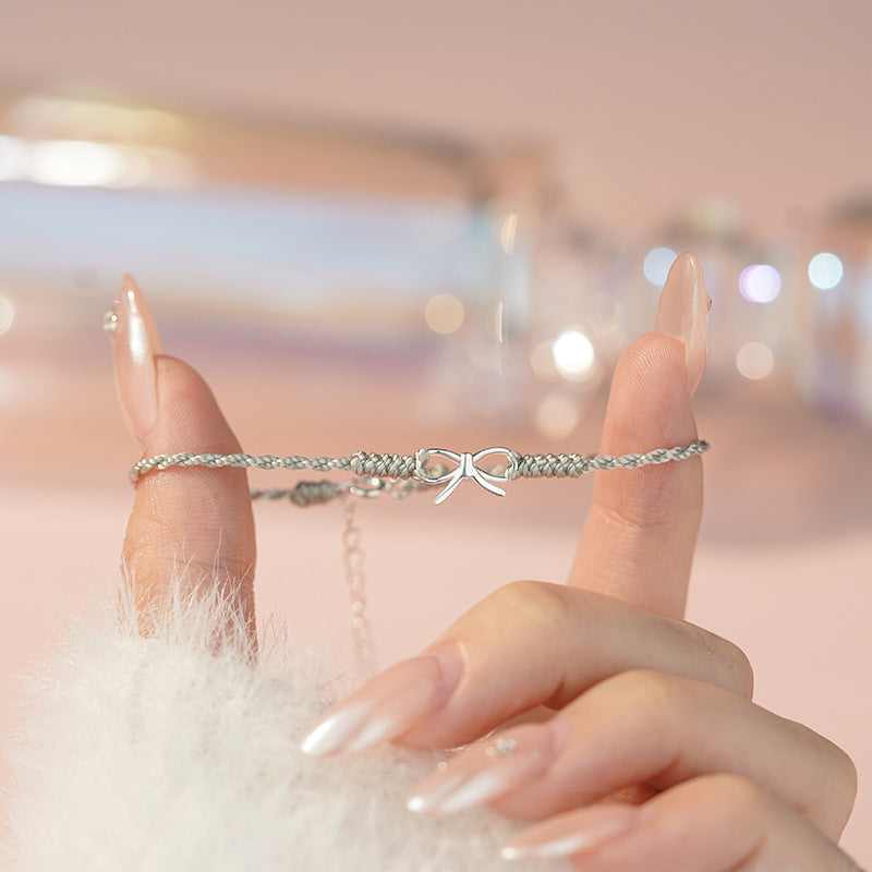 D廠-S925純銀ins蝴蝶結編繩手鍊女高級小眾清新甜美文藝編繩手飾「YC5134SL_1」25.04-3
