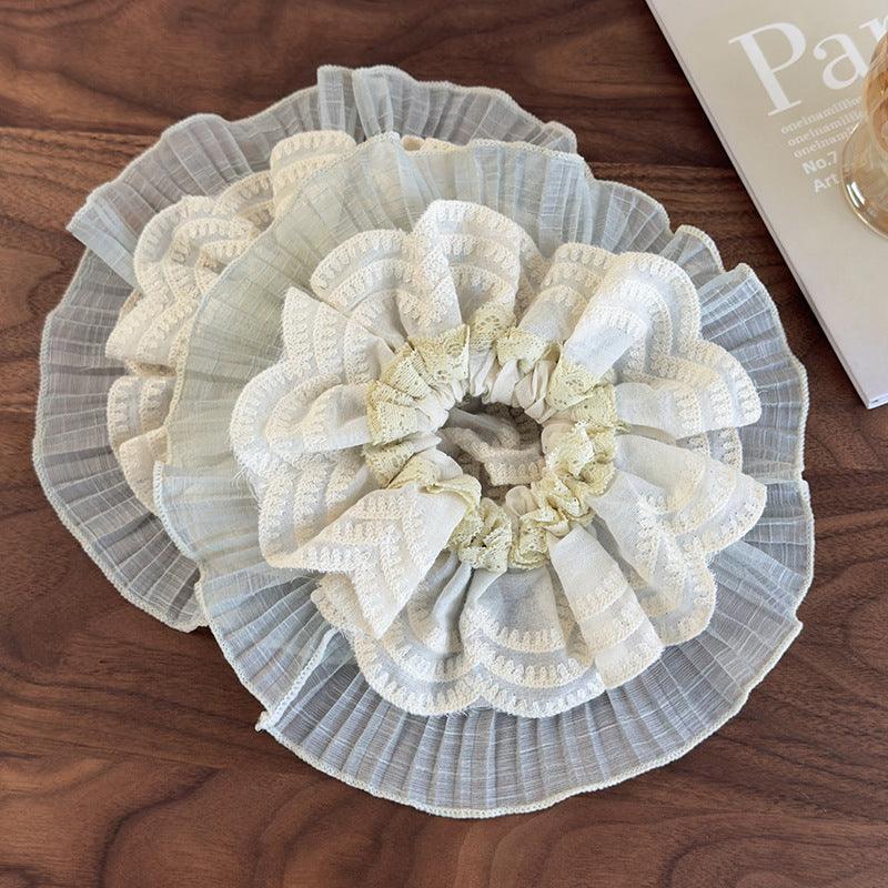 E廠-溫柔淺色大號拼接蕾絲花邊大腸圈文藝氣質褶皺髮圈法式丸子頭髮飾「26668」25.03-4