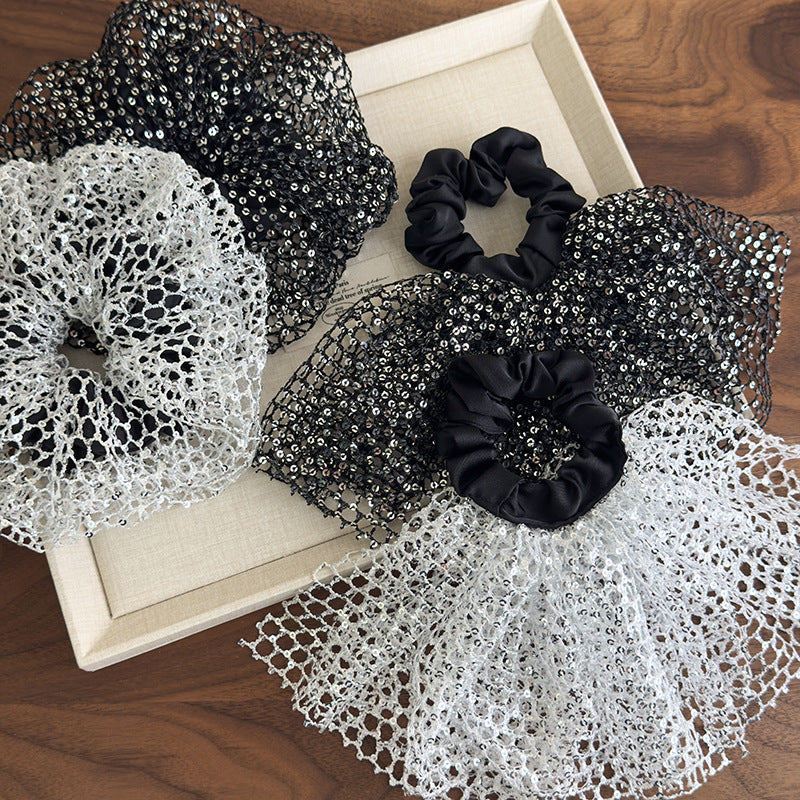 E廠-韓版森系亮片超仙大腸髮圈2025新款法式鏤空裙擺芭蕾風甜美髮飾女「27056」25.06-2