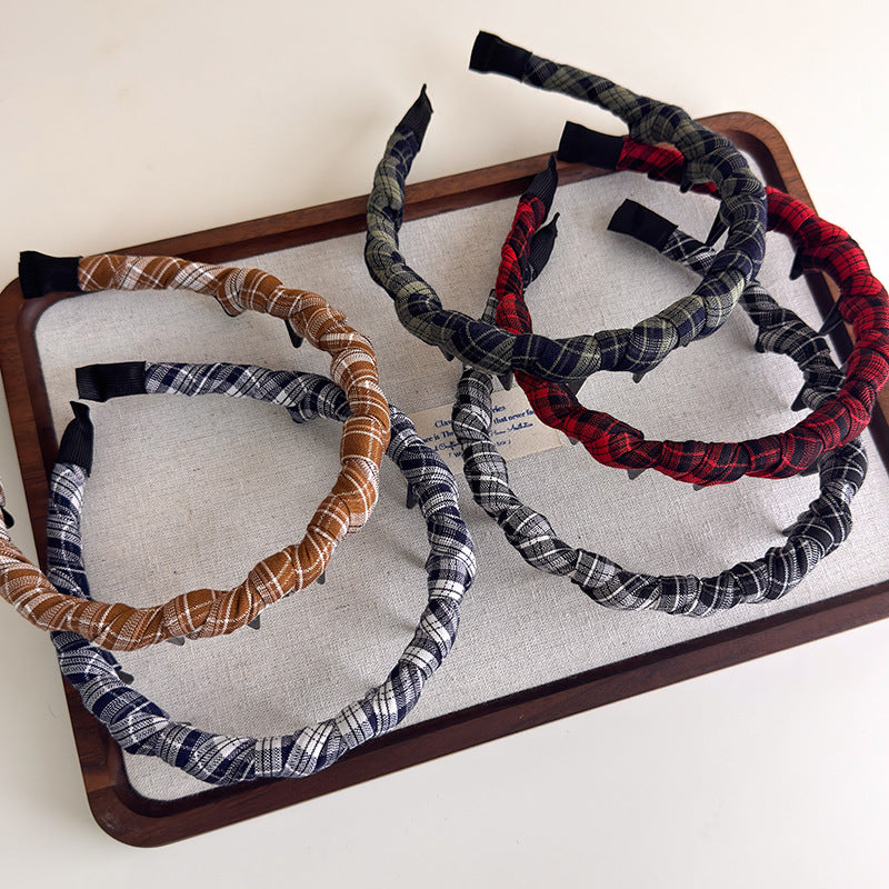 E廠-韓版格紋纏繞髮箍復古格子網紅百搭壓髮波浪帶齒頭箍高顱頂頭飾「27343」25.08-3