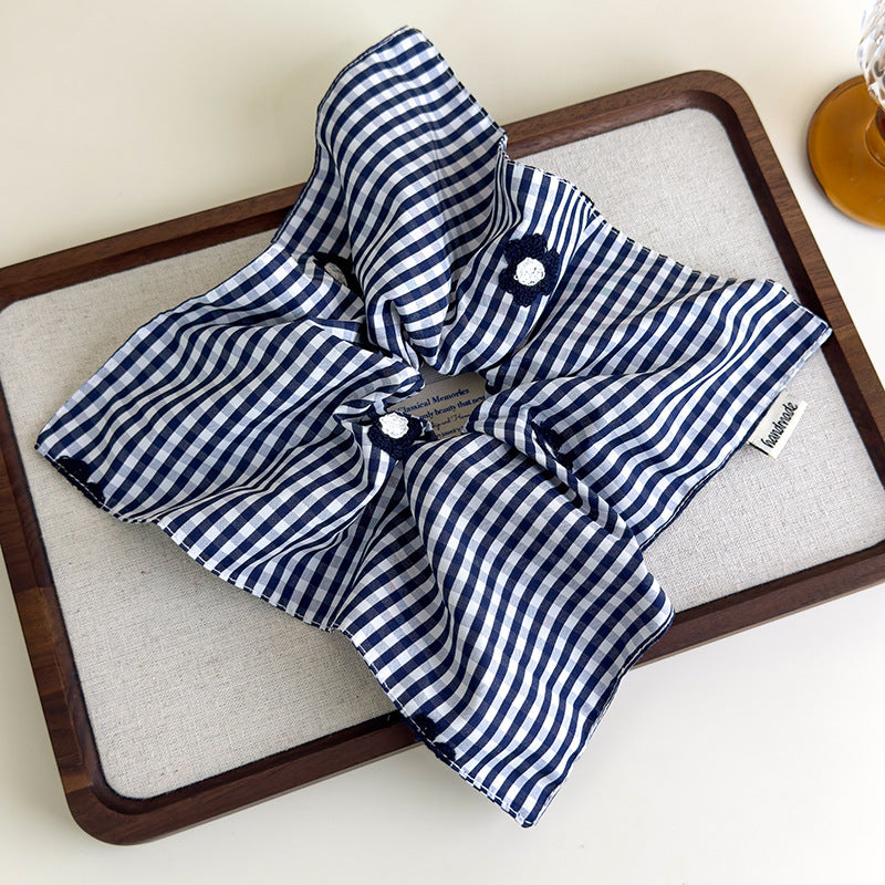 E廠-藏青色格紋刺繡花朵方巾大腸髮圈韓系方形扎頭髮側低馬尾髮繩頭繩「27122」25.06-4