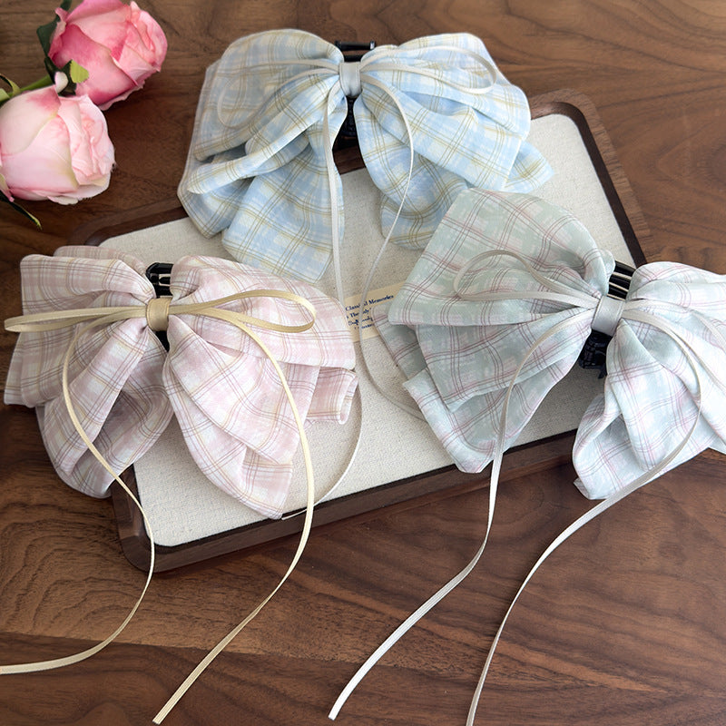 E廠-2025新款甜美格子蝴蝶結絲巾馬尾夾後腦勺夾子頭飾高級感髮飾抓夾「27132」25.06-4