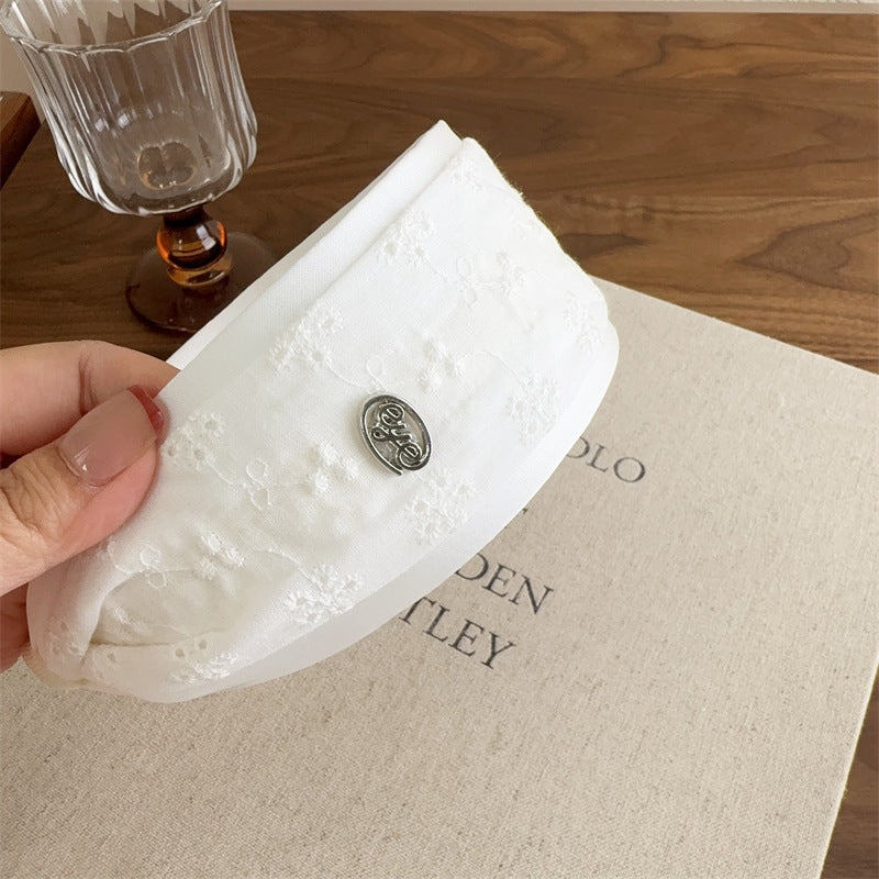 E廠-白色刺繡蕾絲花紋大腸髮圈髮箍扎頭繩蝴蝶結丸子頭氛圍感髮繩頭飾「27075」25.06-2