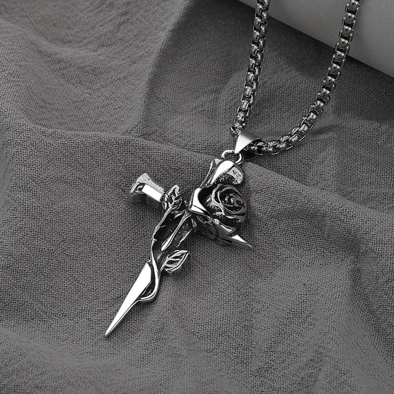 G廠-復古荊棘玫瑰項鍊飾品男潮冷淡風十字架吊墜時尚雙面玫瑰鎖骨鏈「X435」24.11-1