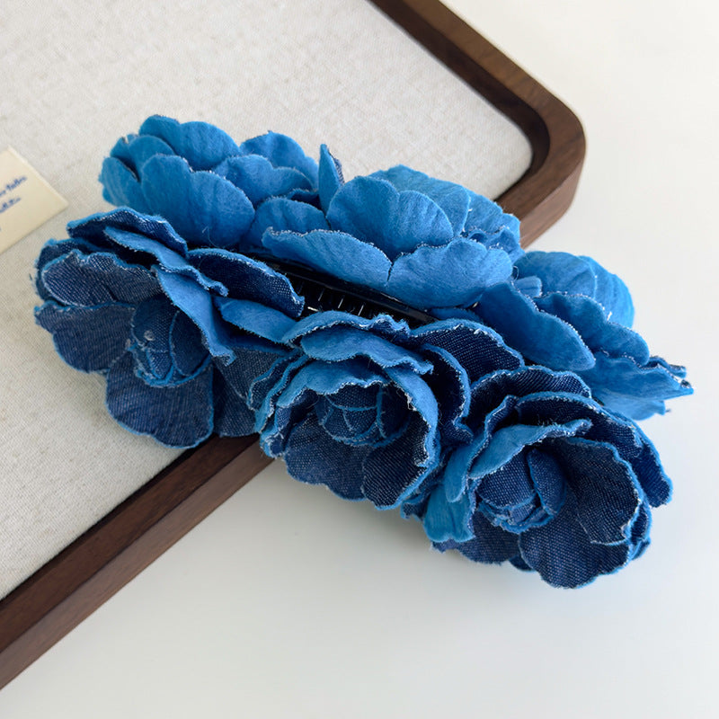 E廠-易夢玲同款復古牛仔山茶花香蕉夾高級感森系風竪夾高馬尾髮夾抓夾「27124」25.06-4