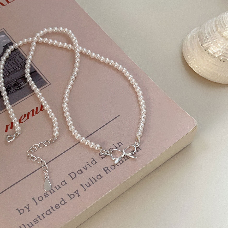 F廠-韓國韓版925純銀蝴蝶結人造水晶珍珠項鍊簡約ins小紅書項鍊「B1219」25.08-4